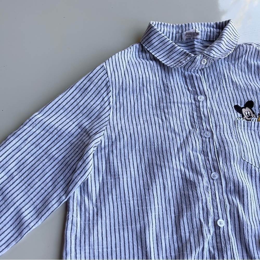 Jiwa White and Black Stripes with Mickey Mouse & Pluto Button Up Shirt US S - Picture 3 of 7